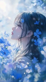 Dreamy girl breathes in soft light among gentle blue flowers