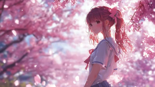 Soft spring light surrounds a schoolgirl under pink blossoms