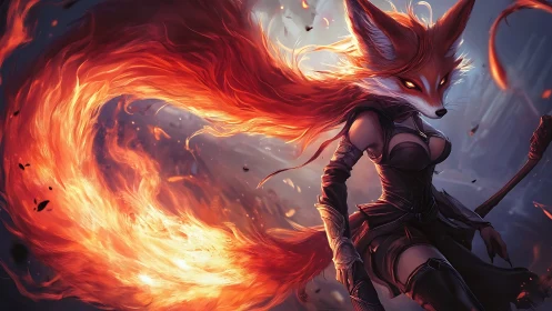 Fiery fox warrior unleashes swirling inferno in battle