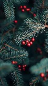 Evergreen conifer needles with red berries in shallow focus study