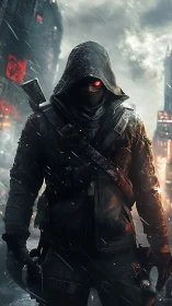 Hooded cyber-operator in wet urban ruin under directional backlight