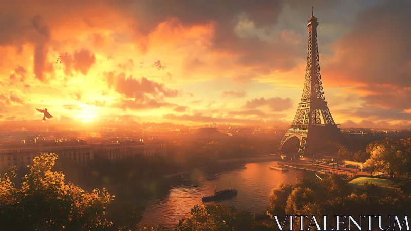 Parisian riverscape with Eiffel Tower at cinematic sunset.