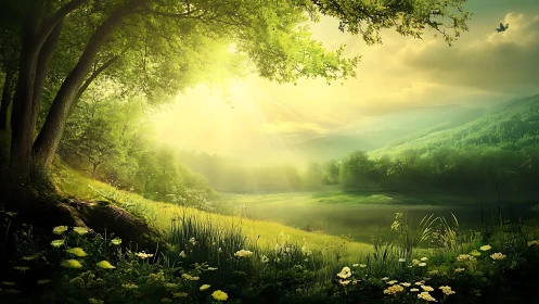 Sunlit forest glade surrounds misty reflective lakeshore.