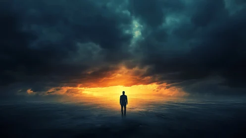 Solitary figure facing dramatic ocean sunset horizon.