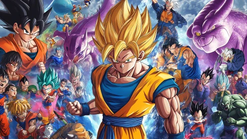 Heroic anime warriors gather in a vivid cosmic showdown.