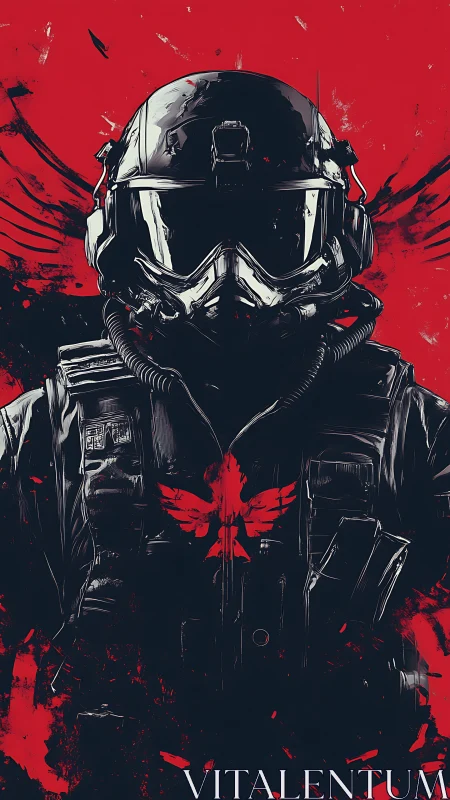 Tactical pilot portrait in glossy armor against red splatter field