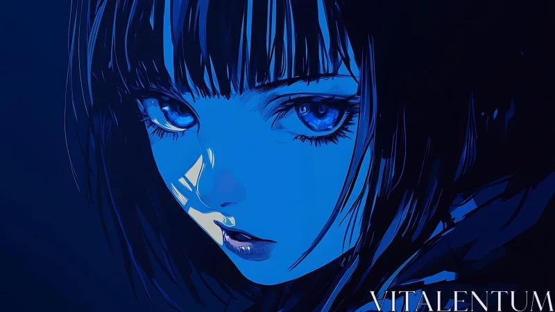 Monochrome blue anime portrait uses hard shading and tight crop
