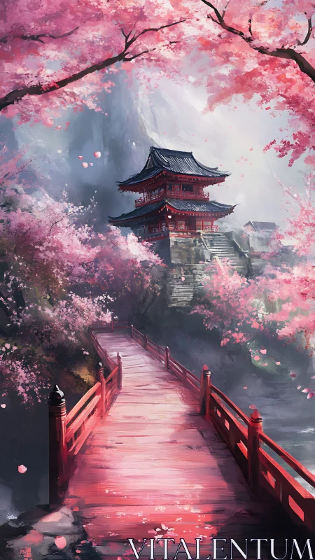 Bridged ascent to a mist-veiled sakura mountain pagoda.