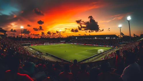 Fiery sunset sky crowns a packed soccer stadium in warmth