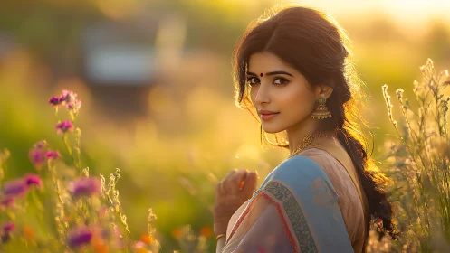 Sunlit portrait of woman in sari amid wildflower field.