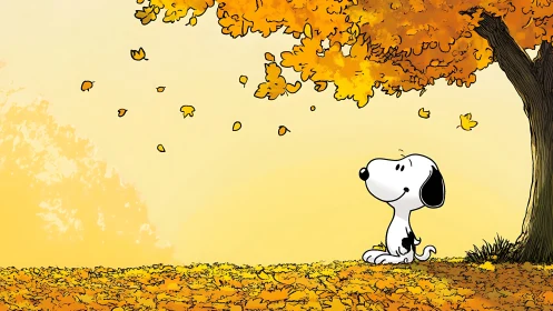 Cartoon dog sitting under bright orange autumn tree calmly.