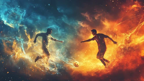 Cosmic football duel where fire dribbles against liquid ice.