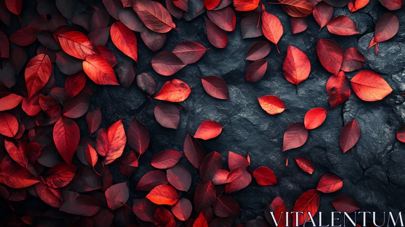 Crimson autumn leaves scattered over dark stone ground.