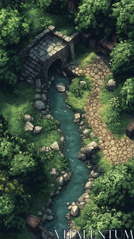 Sunlit stone bridge above a whispering forest stream path.