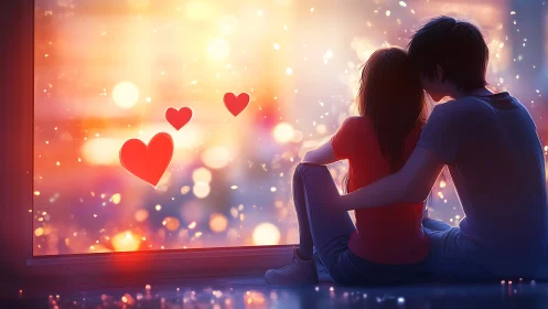 Two Hearts Glow Against Luminous Window Bokeh