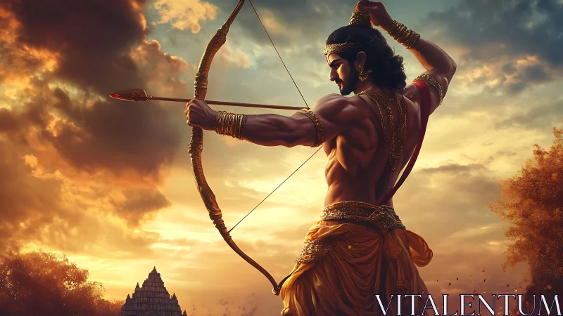 Sunlit warrior archer drawing a golden bow at dusk.