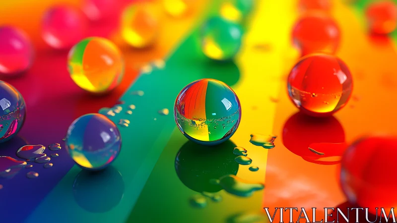 Rainbow glass spheres on reflective multicolor surface.