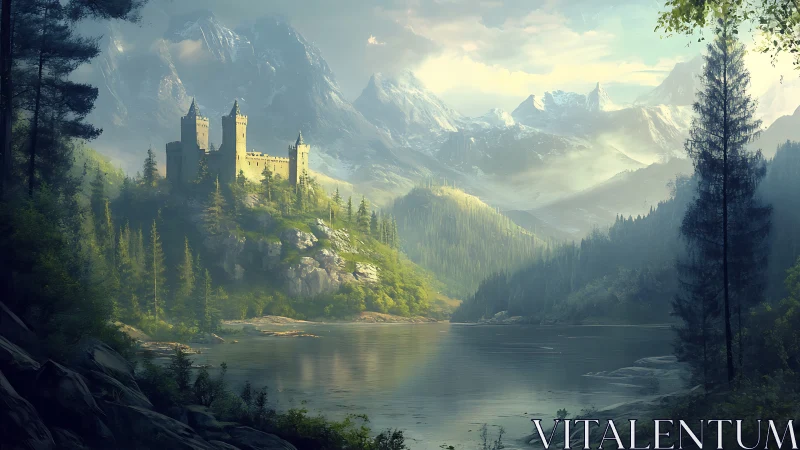 Mistlit mountain castle above a hush-glass emerald lake.