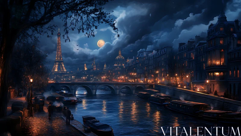 Moody moonlit Paris riverfront with Eiffel Tower view.