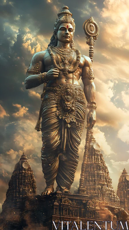 Colossal warrior deity statue stands above ornate temples