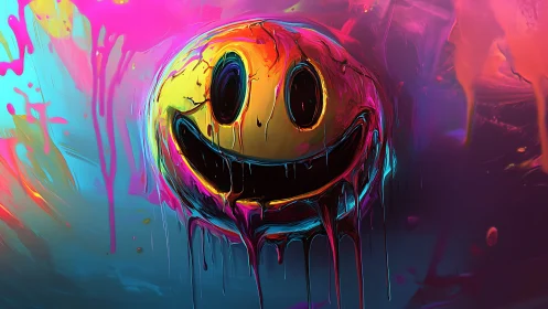 Neon drip smiley face in saturated chromatic abstraction.