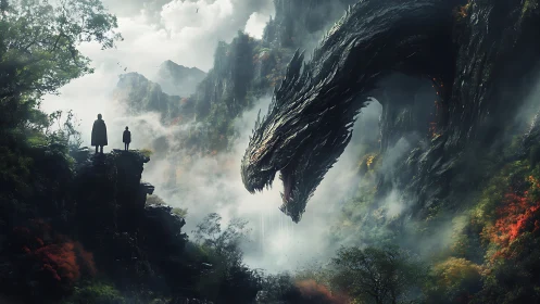 Giant dragon head confronts two cloaked figures on misty cliffs