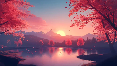 Sunset glow over peaceful lake and pink autumn trees.