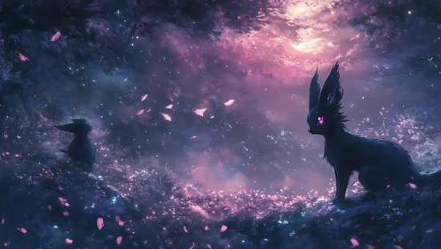 Enchanted fox spirits watch under a glowing twilight sky.