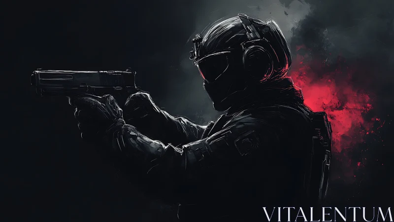 Tactical soldier silhouette with pistol on dark backdrop.