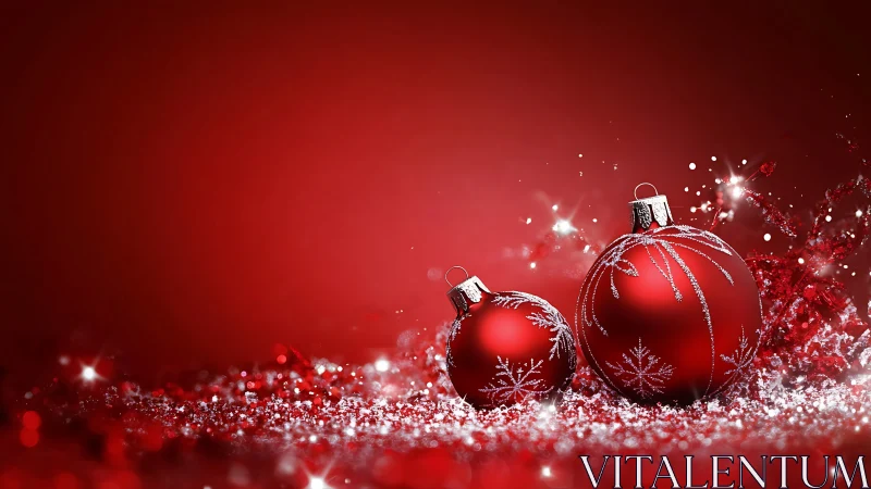 Crimson Christmas baubles shimmer in a sparkling snow drift.