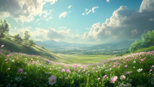 Wildflower waves roll gently toward sunlit distant mountains