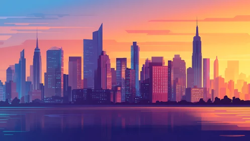 Stylized modern city skyline at sunset over reflective water.