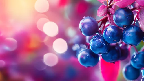 Blue berries with water droplets against abstract bokeh field.