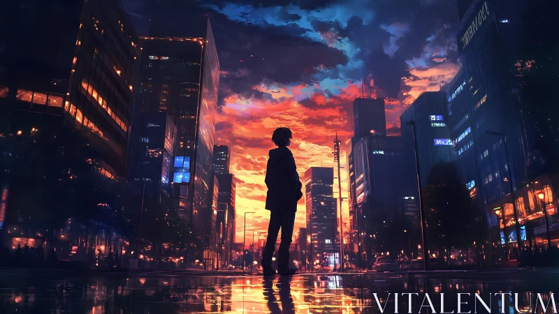 Solitary silhouette beneath neon towers at burning dusk.