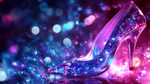 Transparent high heel shoe rendered with glowing glitter