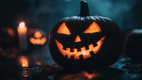 Carved jack o lantern on wet ground with candle bokeh backdrop.