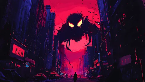 Neon city street under looming glowing eyed shadow beast.