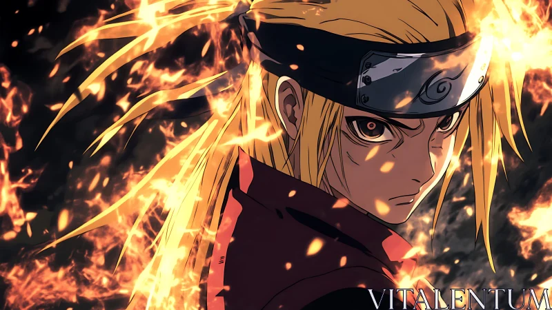 Fierce anime warrior stands amid swirling embers and flame