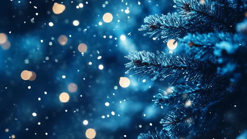 Snowy fir branches glow softly in a dreamy winter night