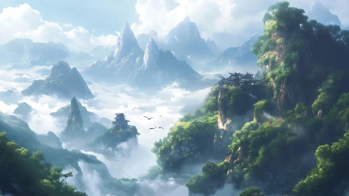 Misty mountain temples rise above dense clouds and forest.