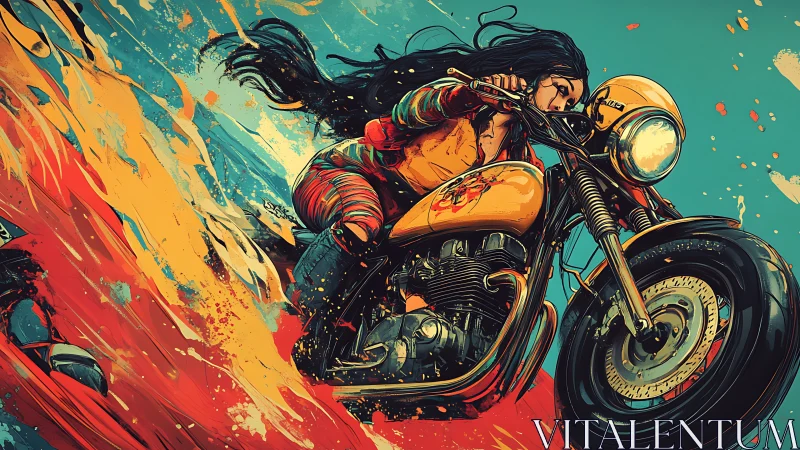 Rebellious biker woman races through blazing abstract colors