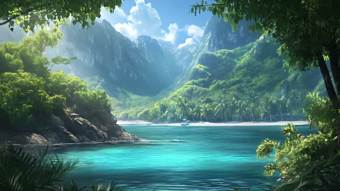 Tropical bay surrounded by steep mountains and dense vegetation