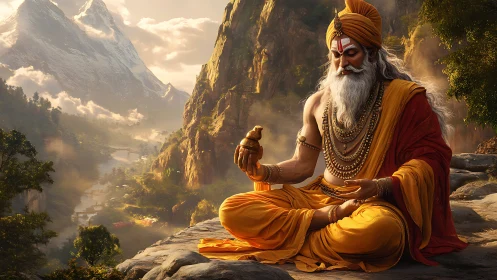 Sage of the sunlit Himalayas cradling timeless wisdom.
