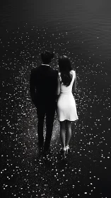 Monochromatic Couple Navigating Luminescent Particle Field Overhead.