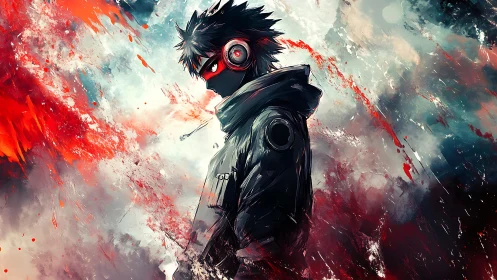 Cyber-audio vigilante amid turbulent chromatic vortices.