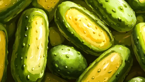Glossy green cucumbers with warm golden highlights clustered.