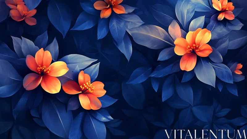 Luminous Coral Blooms Against Deep Indigo Foliage Digital Rendering.