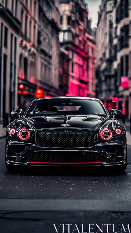Black luxury coupe framed by neon-lit European street.
