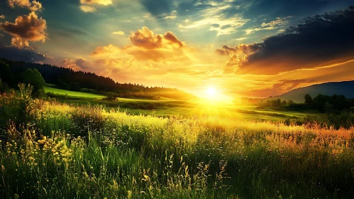 Radiant meadow horizon under high-dynamic-range sunset light.