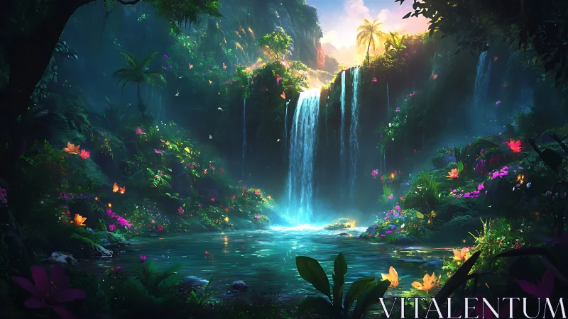 Enchanted jungle waterfall glowing with soft magical light.